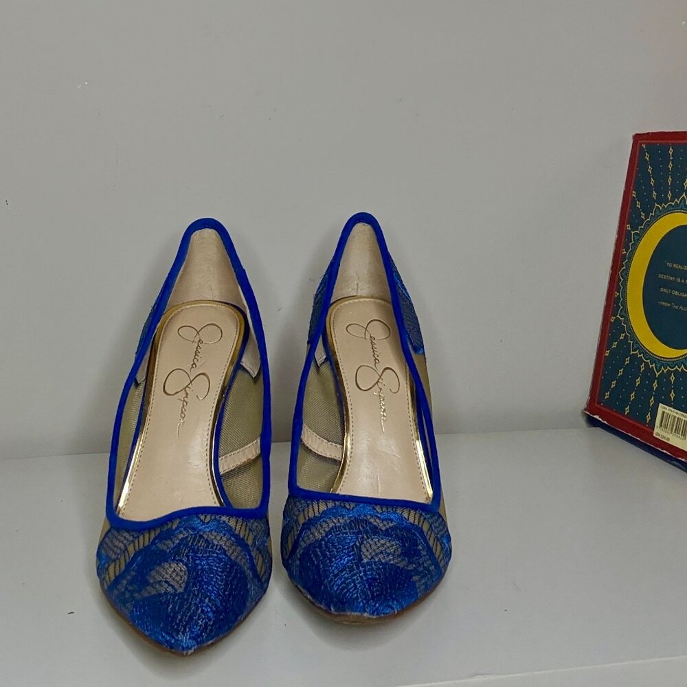 Jessica Simpson Blue and Beige Lace Heels